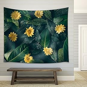 Creative Layout Made of Green Leaves and White Flower. Flat Lay. Nature Concept - Fabric Wall Tapestry Home Decor - 51x60 inches