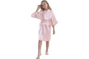 MORFORU Girls Kids Solid Color Silky Satin Kimono Robe for Wedding Spa Party, Short