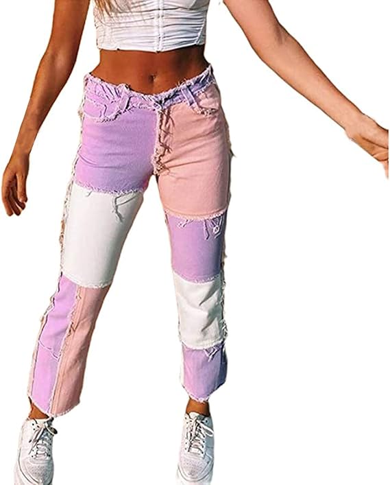 Patchwork Waist Straight Leg Pants Zolimx Damen Patchwork Jeans High Waist Stretch Cutoffs Distressed