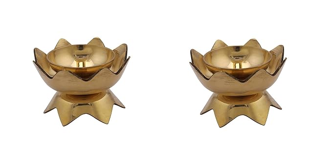 Collectible India (Set of 2) Brass Diya Handmade Oil Lamp for Puja (4.5 x 7 cm,Golden)