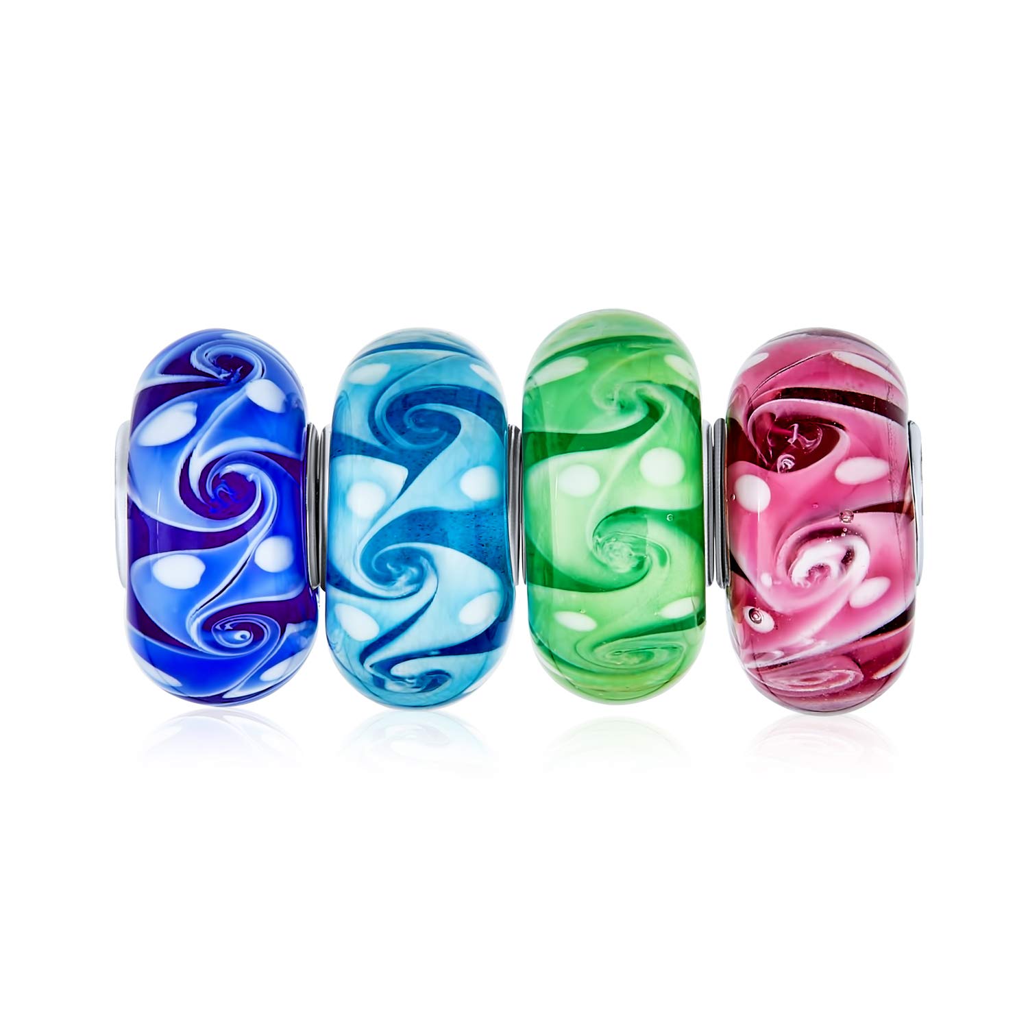 Bling Jewelry Murano Glass Multi Color Mix Bundle Set Of 4 Spacer Bead Fit European Ocean Wave Swirl Charm Bead For Women Teen .925 Sterling Silver Fits European Bracelet