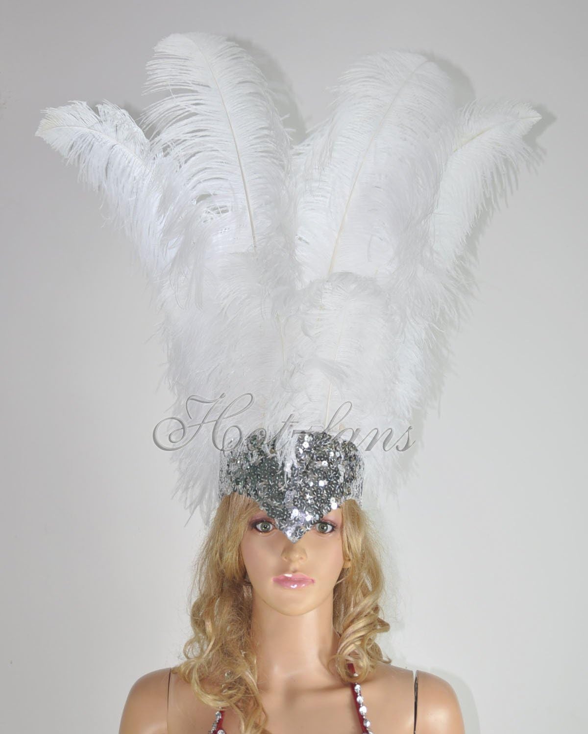 Hot-fans Ostrich Feathers Sequins Sharp Angle Open Face Headdress, White