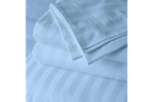 RECCI 1Pcs Flat Sheet Oversized (132 X 110) 800 Thread Count 100% Egyptian Cotton Luxury Quality Bedding Flat Sheet Light Blue Stripe