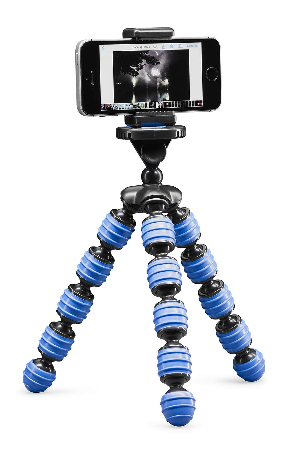 Cullmann Alpha 380 Mobile Flexible Mini Tripod with Smartphone Holder, Bendable leg, Blue, Max. load 1.5 kg, 267g weight