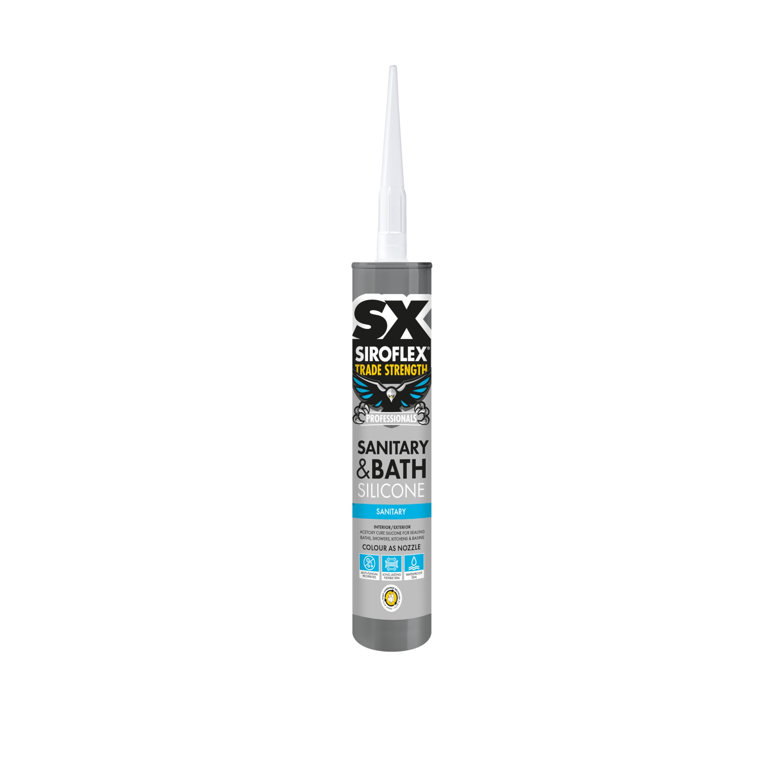 SX Siroflex Sanitary and Bath Silicone Clear – For Sealing Bathrooms and Kitchens with Acetoxy Curing Providing a Long Lasting Flexible Waterproof Anti Fungal Finish for Interior Applications – 310ml
