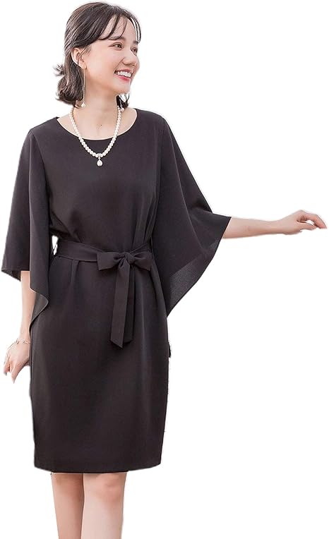 Amazon Dressstar 結婚式 ワンピース パーティドレス ドレス 大きいサイズ フォーマルドレス ウエストリボン 2way フリル 袖付き 7分袖 ハイウエスト 代 30代 40代 50代 お呼ばれ 服 体型カバー ひざ丈 春 秋 冬 上品 イブニングドレス 通販