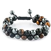 TGH Natural Triple Protection Bracelet Genuine Tigers Eye Black Obsidian Hematite 8mm Beads Bracelet for Men Women Crystal Jewelry Stone Bracelets Christmas Gift for Men Bring Luck Prosperity