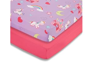 EVERYDAY KIDS 2 Pack Fitted Girls Crib Sheet, 100% Soft Breathable Microfiber, Baby Sheet, Fits Standard Size Crib Mattress 28in x 52in, Nursery Sheet - Unicorns/Hot Pink