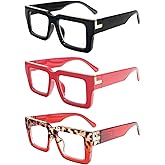 REAVEE 3 Pack Oprah Style Reading Glasses for Women Men, Blue Light Blocking Readers Stylish Square with Spring Hinge
