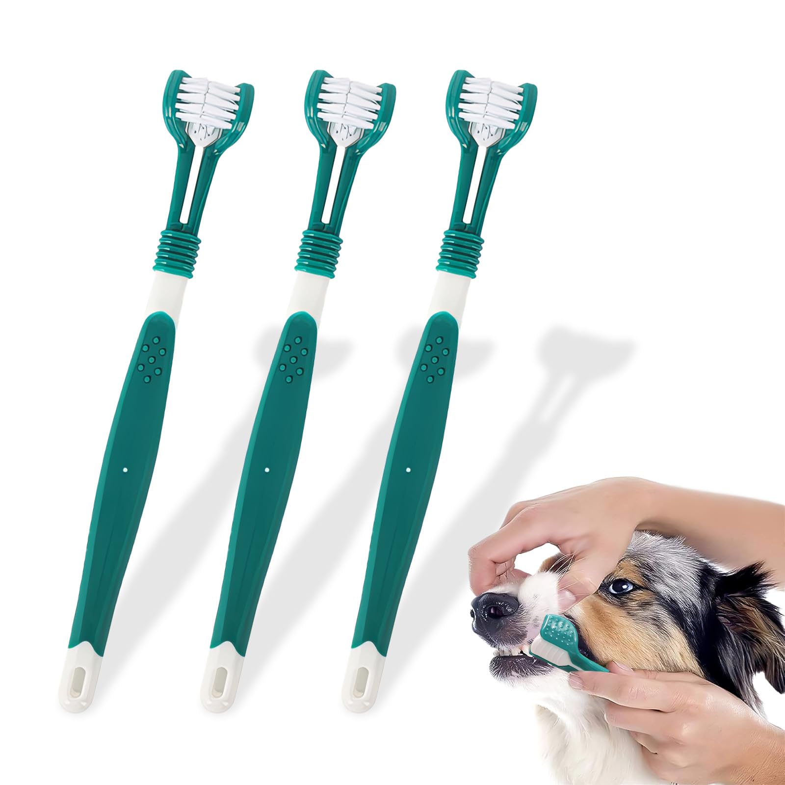 maxtachi 3 Pcs Dog & Cat Toothbrush, Triple Headed Dog Plaque Removal, Green