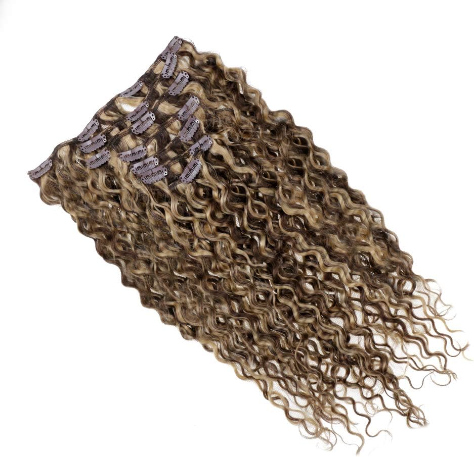 14" Human Remy Hair Clip in Extensions Natural Wave Hair 100g 7pcs Thick Full Head Hair 4/27# Chocolate Brown with Strawberry Blonde Highlighted Color Clip in Human Hair Extensions