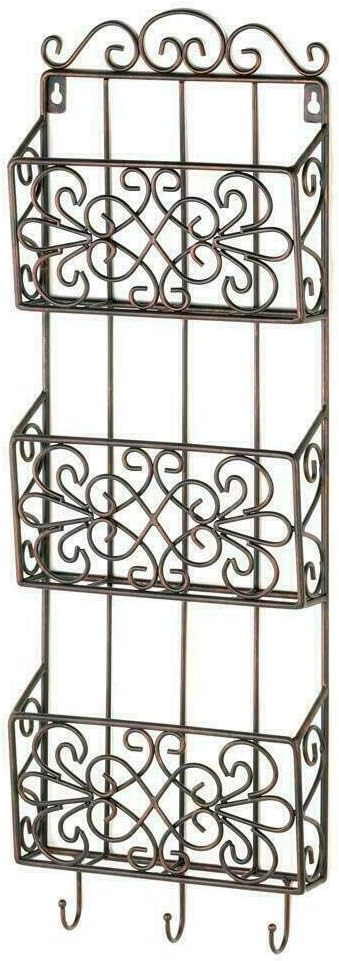 Black Iron Triple Wall Rack with Hooks