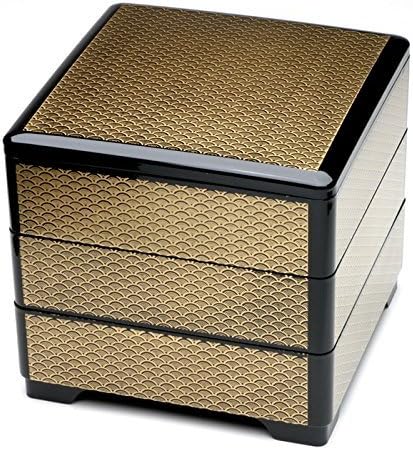 Kotobuki Japanese Jubako Lacquer Box, 3-Tiered, Black/Gold Waves #288-111