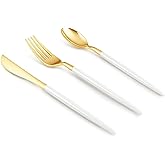 Bestluck 150 PCS White Gold Plastic Utensils for 50 Guests, Gold Disposable Silverware with 50 Knives, 50 Spoons and 50 Forks, BPA Free, Ideal for Weddings, Birthdays & Graduation