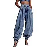 Quzzion Womens Baggy Harem Jeans Zipper High Waisted Loose Trousers Wide Leg Vintage Balloon Casual Denim Pants