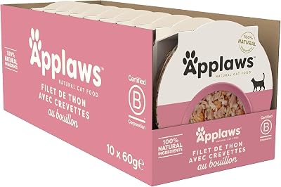 Comida húmida natural para gatos em frascos, filete de atum com camarões em caldo, 10 x 60 g