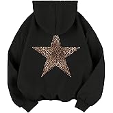 Baonmy Star Graphic Hoodies Y2k Leopard Print Oversized Fleece Hoodie Long Sleeve Pullover Sweatshirt for Women Streetwear