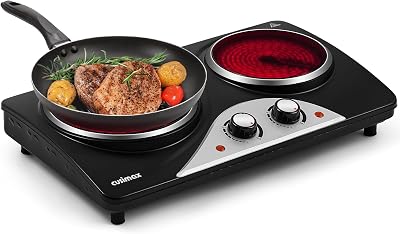 CUSIMAX Electric Hobs 2100W Double Infrared Hot Plate Black Glass