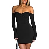 ZREQV Women's Sexy Off The Shoulder Dresses Bodycon Long Sleeve Backless Slim Fit Elegant Going Out Club Party Mini Dress