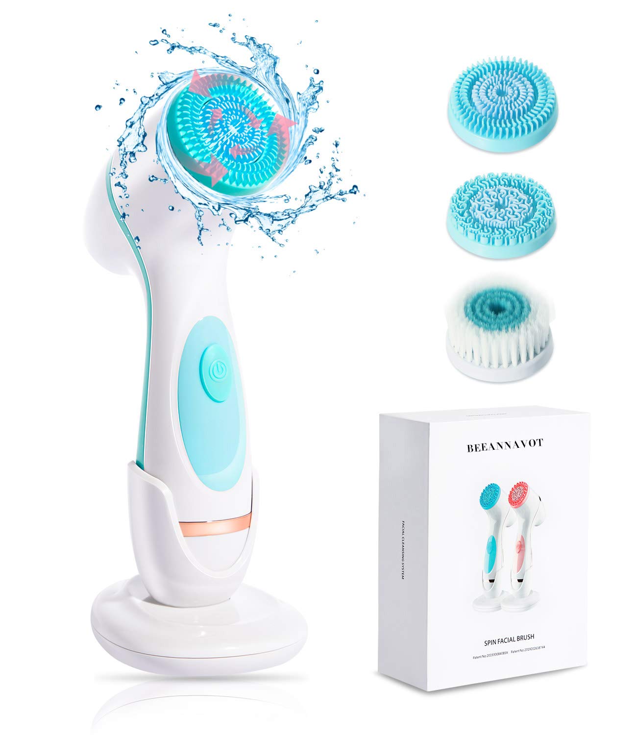 Facial Cleansing Brush, Waterproof Face Wash Brush, USB Rechargeable Spin Facial Brush with 3 Different Brush Heads for Gentle Exfoliating, Deep Scrubbing, Massaging and Removing Blackhead