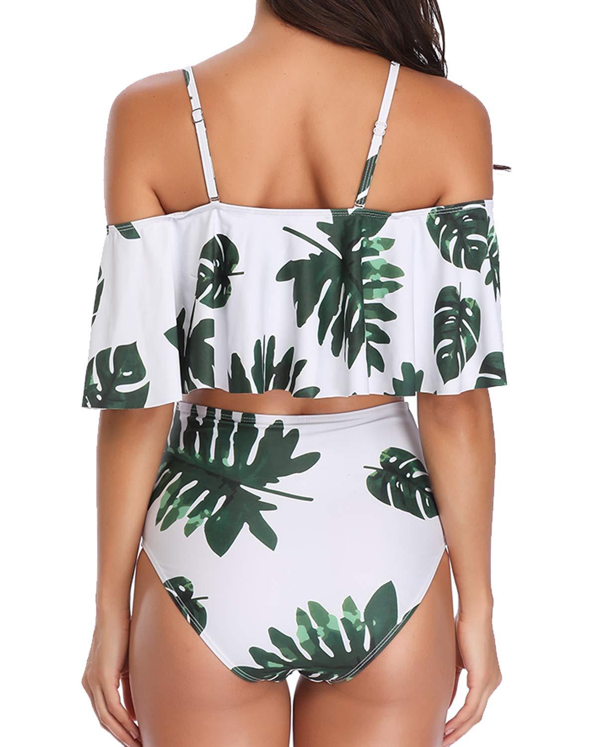 Temptme Apparel Women Off Shoulder Ruffle Two Piece Swimsuit Swimwear High Waist Leaf Print Bikini Set Bathing Suit Leaf Print M
