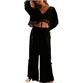 Fenghualzzniya Womens Sexy Pajama Set Lace 2 Piece Lounge Sets Long Sleeve Shirts Wide Leg Pants Vintage Pj Sets