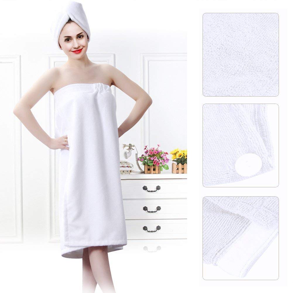 Bath Towels, Wrap Bamboo Cotton Towels Women Adjustable Closure Gym Pool Dress Robe Shower Towel Set Absorbent Spa Bath Wrap Cover Up Towels Set with Shower Hair Wrap for Bathroom(white)