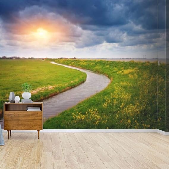 beautiful landscape with green grass field flowers pond and