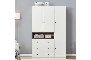 TrendTerrace 3-Door Armoire Wardrobe Closet Storage, Wood 3 Drawers White Closet Cabinet for Large Capacity with Hanging Rod and Metal Handles for Tall Cabinet Closet 47.3" L x 20.3" W x 74.2" H