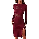 Floerns Women's Contrast Mesh Long Sleeve Bodycon Dress Slit Hem Mock Neck Pencil Dress