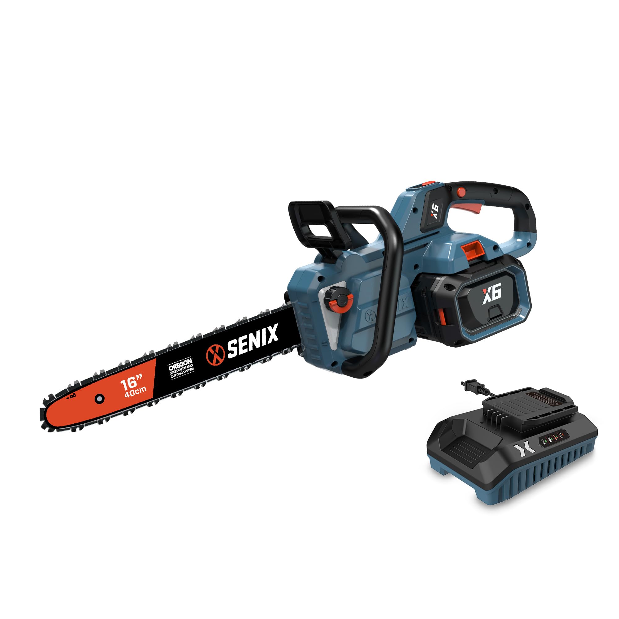 SENIX X6 60 Volt Max* 16-inch Cordless Chainsaw with Brushless Motor and Oregon Bar and Chain for Trees, Limbs, and Firewood, Auto Lubrication, Includes 4Ah Li-Ion Battery and Charger (CSX6-M)