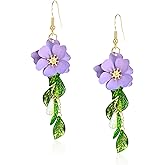 Just Follow Summer Beach Flower Tassel Earrings for Women Boho Long Flower Dangle Floral Petals Drop Earring for Statement Vacation With Green Leaf