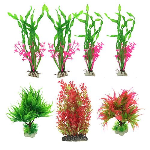 Pietypet Artificial Aquatic Plants, Large Aquarium Plants Plastic Fish Tank Decorations, 7PCS Red and Green