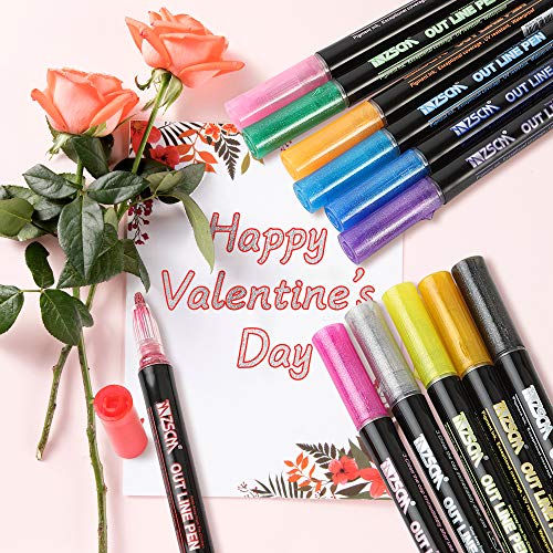Double Line Outline Pens, 12 Colours Outline Pens Two-Line Glitter Art Drawing Pens Marker Pens Set Highlighter Writing Drawing Pens for Birthday Greeting Card/Scrapbooking/Painting/DIY Art Crafts