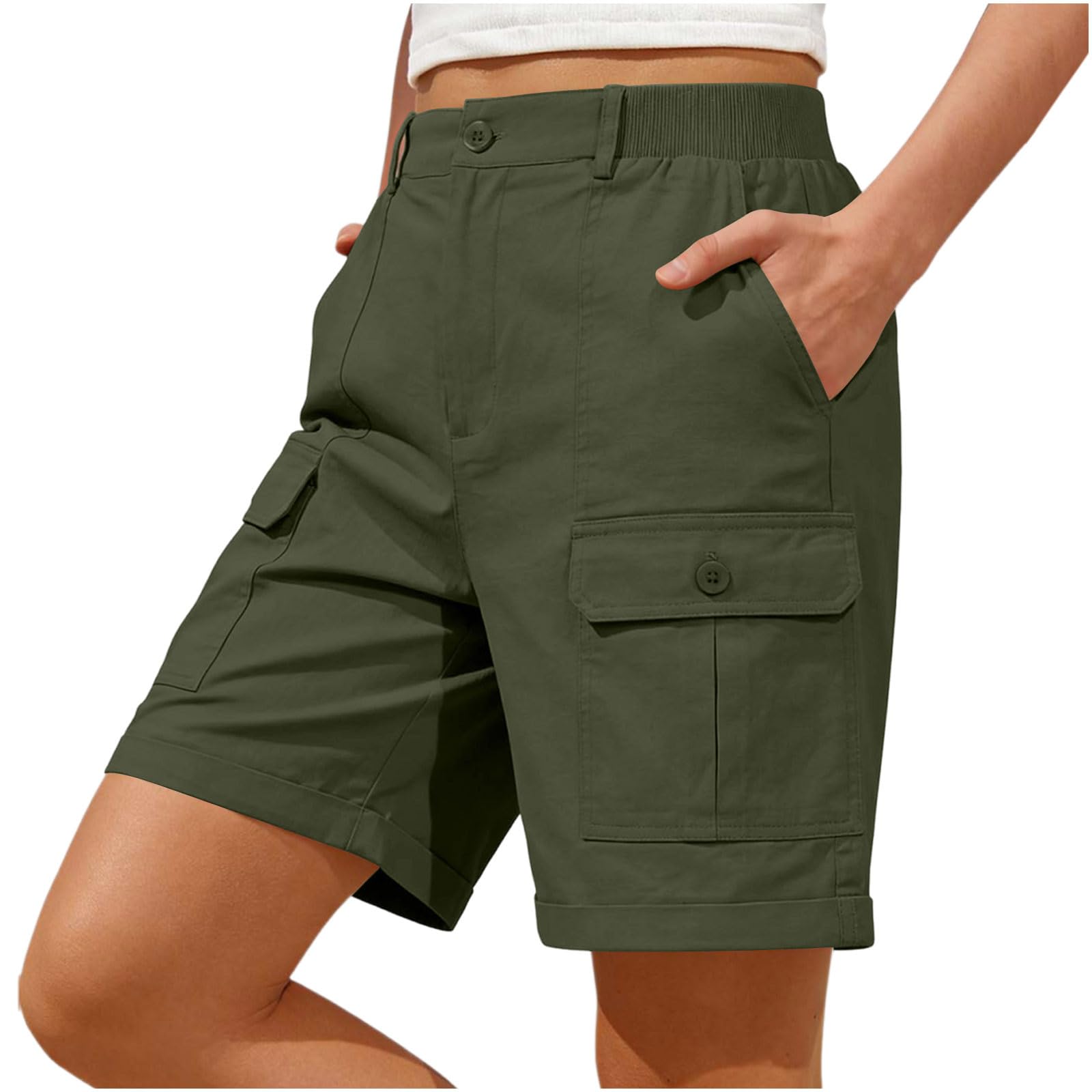 Women's Shorts Cargo Shorts for Women UK Stretch Summer Pants Elastic Waist Tracksuits Bottoms Combat Bermuda Short Pants Baggy Hiking Walking Running Trousers with 4 Pockets Plus Size Y2K Army Green