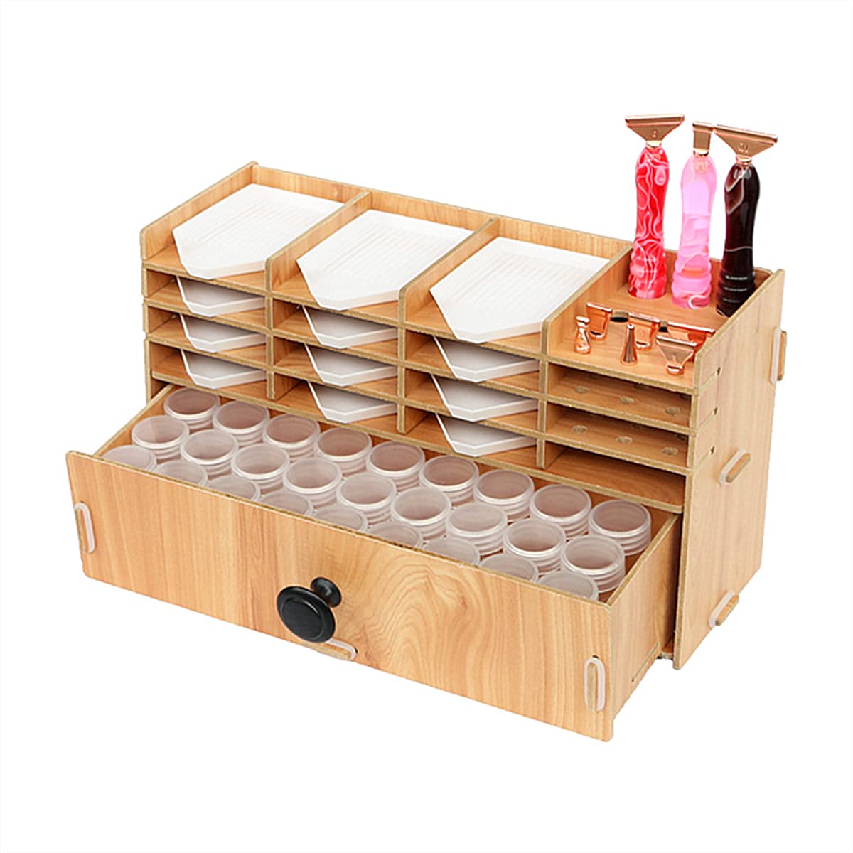 Hapivida Diamond Painting Tray Organiser, Multi-Layered Wooden Storage Box with Grid Design and Pen Holders for Beads Rhinestones DIY Craft Accessories