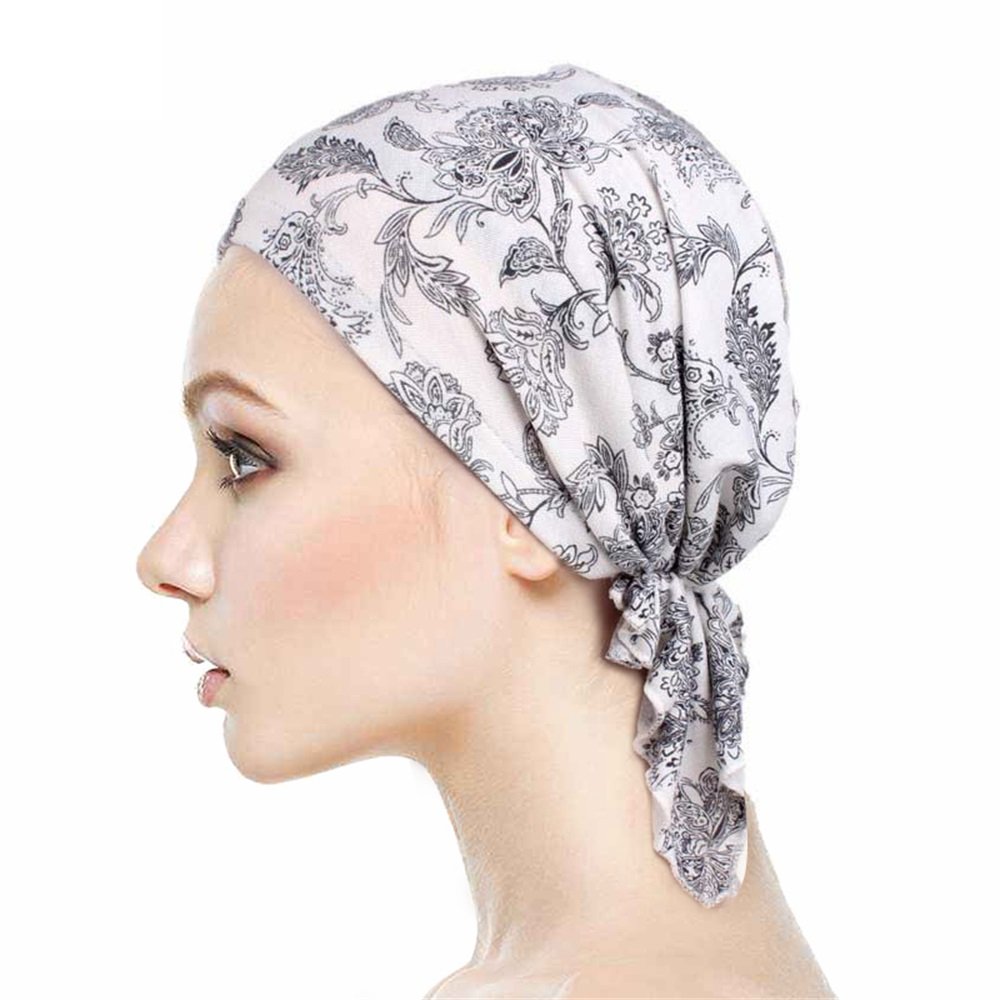 Locisne Women's Printed Pre Tied Head Scarf Turban Headwear Chemo Beanie Scarf Headwear for Cancer,Chemo,Hair Loss (FEATHERBLUE) (BLACKLEAF)
