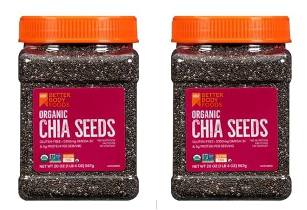 BETTER BODY FOODS, ORGANIC CHIA SEEDS WITH CALCIUM, IRON, POTASSIUM, 5350MG OMEGA-3S, NON-GMO AND GLUTEN FREE | ADD OMEGA 3 PROTEIN TO SALAD, SMOOTHIE, OATMEAL ACAI BOWL | PACK OF 2 – 567 GRAMS AIRTIGHT JARS