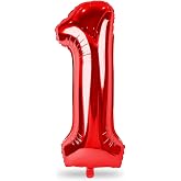 Red Number 1 Balloons, 40 Inch Large Foil Number Balloons Set 0-9 for Women, Self Inflating Digital 1 Helium Balloon for Girls Boys 1st Age Birthday Anniversary Party Decorations Photo Shoot Supplies
