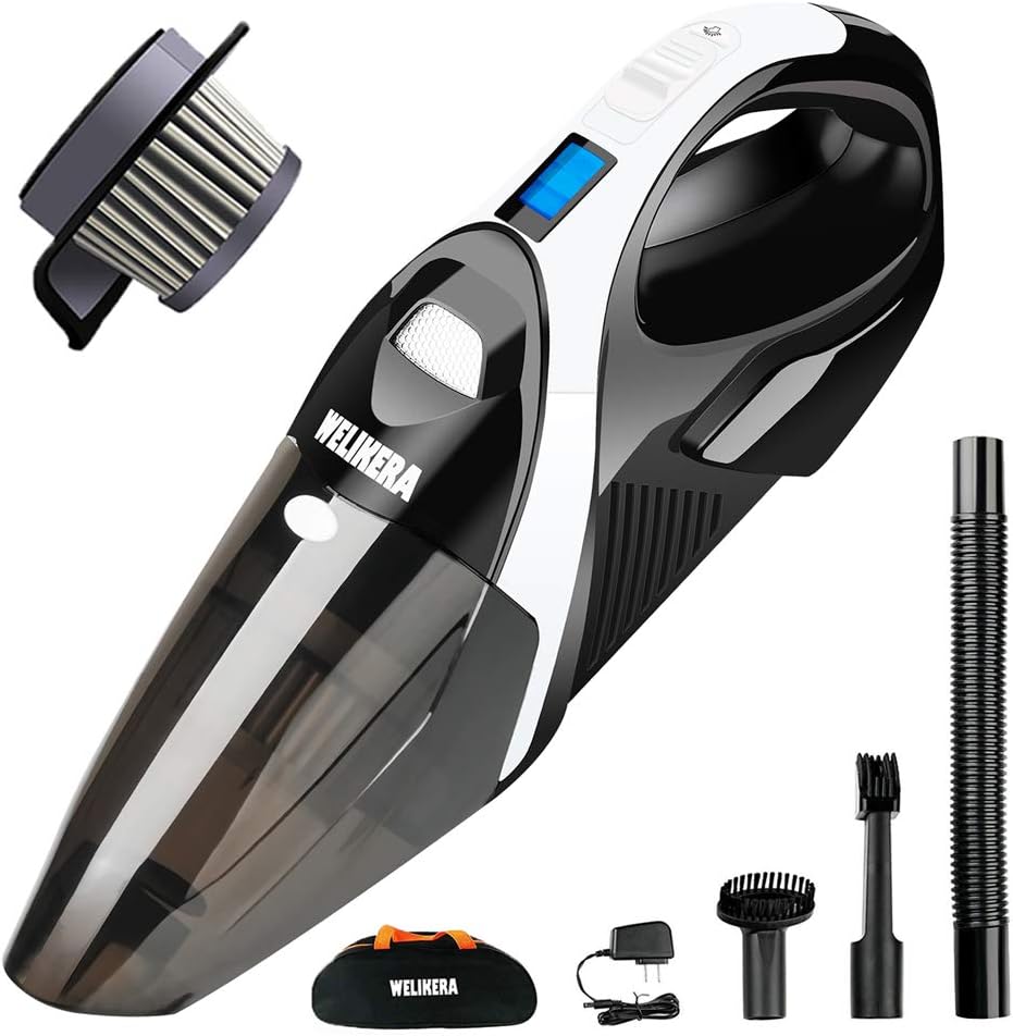 Wireless Car Vacuum, WELIKERA 12V 100W Hand-held Cordless Vacuum, Powerful Portable Car Vac, Pet Hair Car Cleaner, Cordless Rechargeable Dust Busters with A Carrying Bag, Black