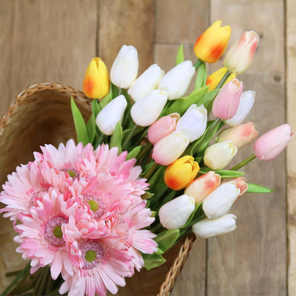 Artificial Plants Flowers 28 Pcs Multicolor Tulips Artificial Flowers Faux Tulip Stems Real Feel Pu Tulips For Easter Spring Wreath Wedding Bouquet Centerpiece Floral Arrangement Cemetery Table Decor 14 Tall Artificial Flowers