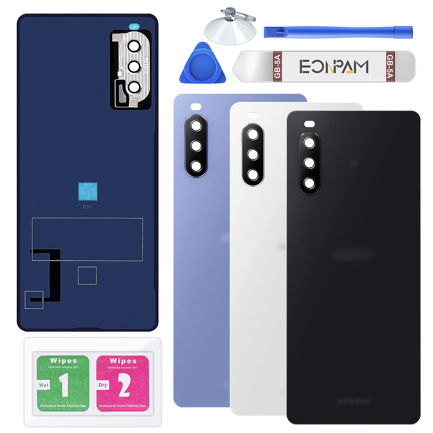 Eonpam Back Cover Glass for Sony Xperia 10 III Rear Glass Replacement with Camera Lens + Repair Kit Rear Housing (Black)