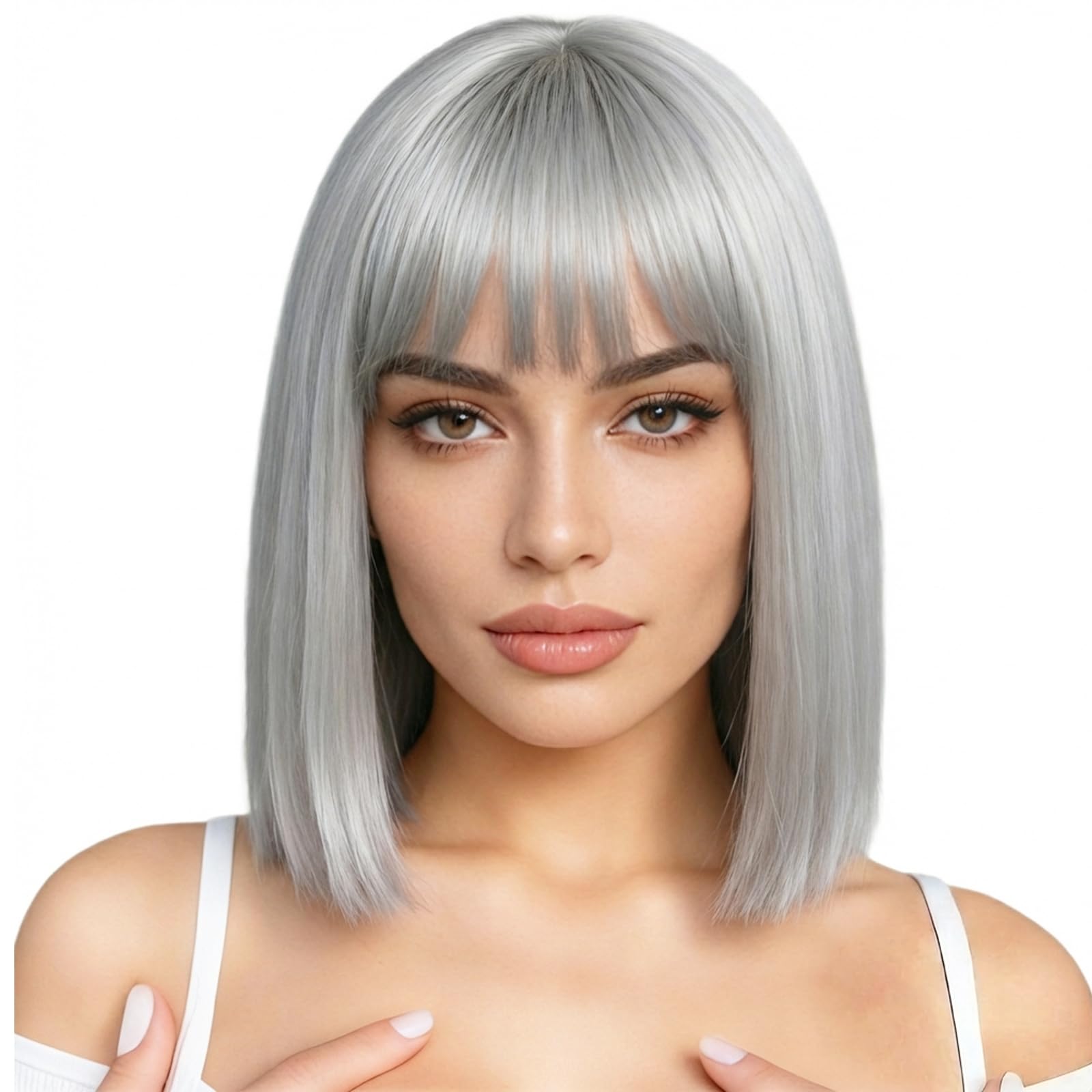 BUYOGET Silver Bob Wigs with Flat Bangs 13 Inch Striaght Shoulder Wigs for Women Cosplay Costume Party Wig