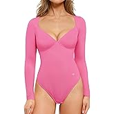Popilush Long Sleeve Body suits for Women Thong Shapewear Bodysuit Tummy Control V Neck Shirt Going Out Tops
