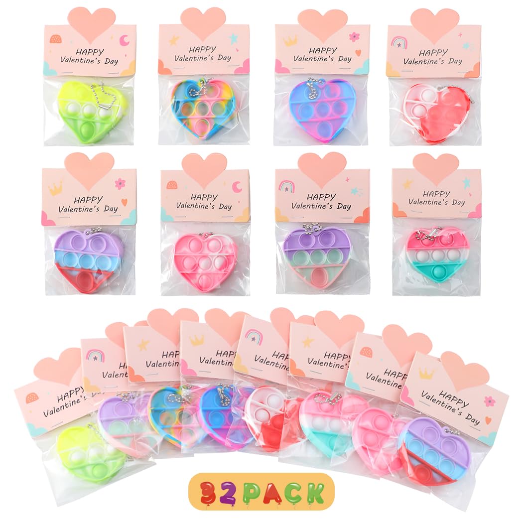 Photo 1 of 32 Pack Valentine Gifts for Kids - Cards with Mini Heart Pop Fidget Toys Bulk - Valentine Exchange for Girls Boys School Class Classroom Fidget Toys Party Favors