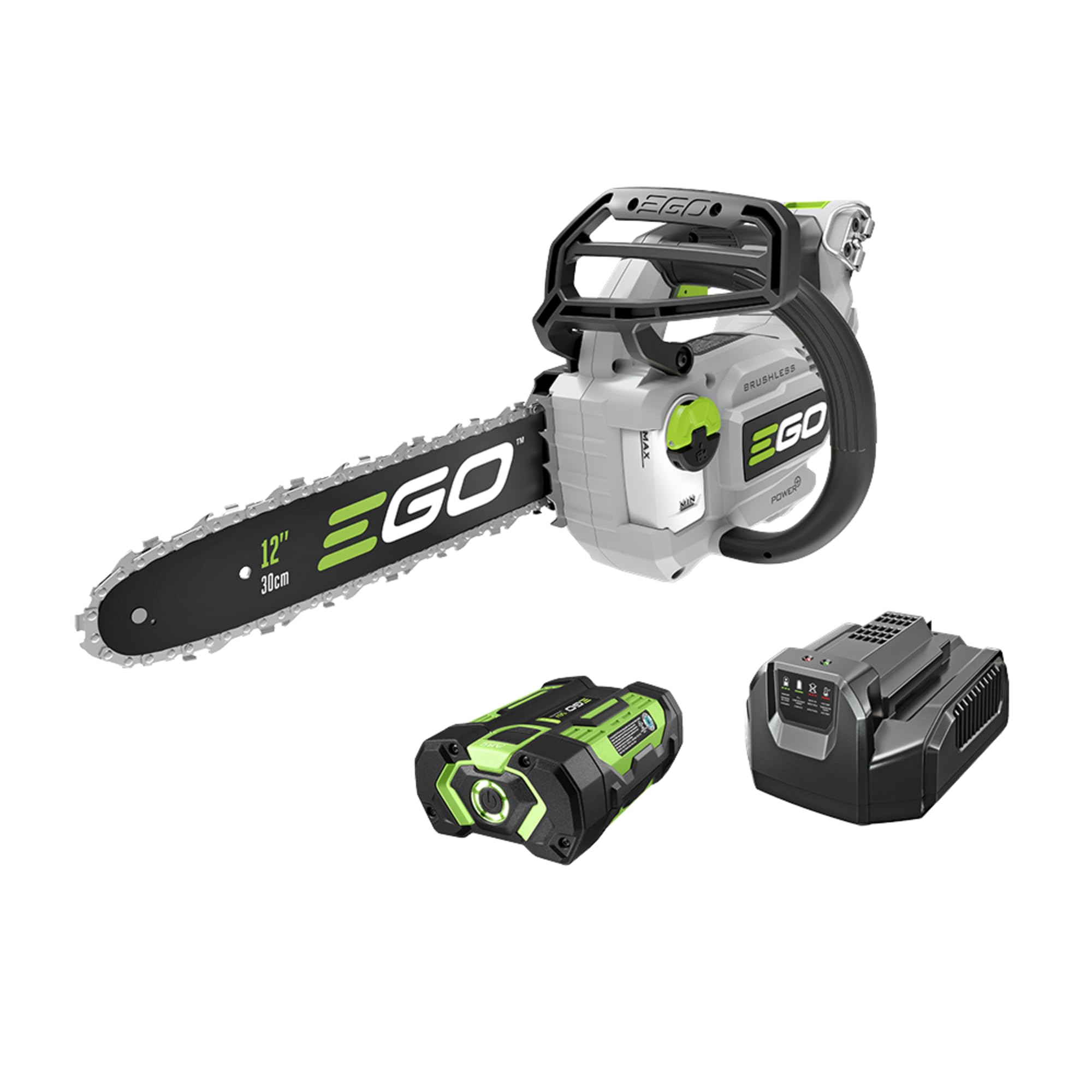 EGO POWER+ Chain Saw, 12" Battery Powered Chainsaw, Electric Cordless, Includes 56V 2.5Ah Battery and Charger - CS1201 Image EGO POWER+ Chain Saw, 12" Battery Powered Chainsaw, Electric Cordless, Includes 56V 2.5Ah Battery and Charger - CS1201 Image