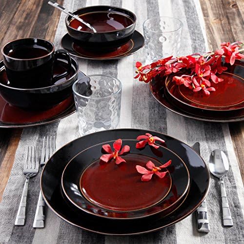 Red &amp; Black Unique Collection Metallic Glaze Stoneware 16 Piece Dinnerware Set