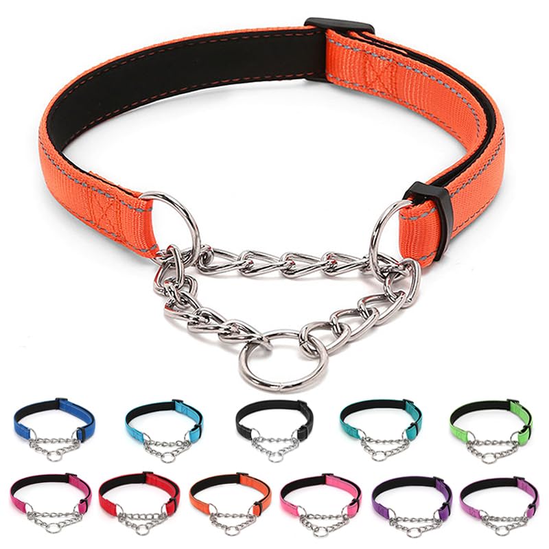 LOS ANDES Dog Choke Collar Martingale with Limited Chain, Soft Padded No Pull, Reflective Training Collars for Large, Medium and Small Dogs(S:Neck 25-45cm,Orange)