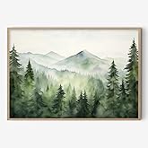 Foggy Forest Picture Green Mountain Canvas Wall Art Landscape Nature Painting Watercolor Mountain Poster Abstract Tree Print Pine Tree Misty Wall Art Forest Watercolor Artwork 16x24in Unframed