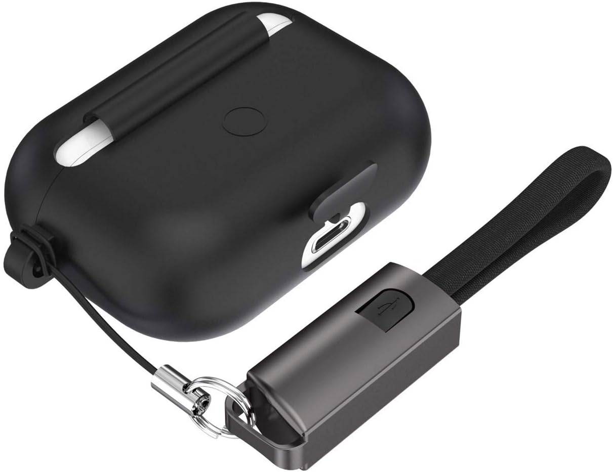Protective Cover for 2019 Airpods Pro Case - Soft Silicone Skin Cover for Airpods Pro Charging Case [Front LED Visible] with Keychain Lightning to USB A Cable ( Black )